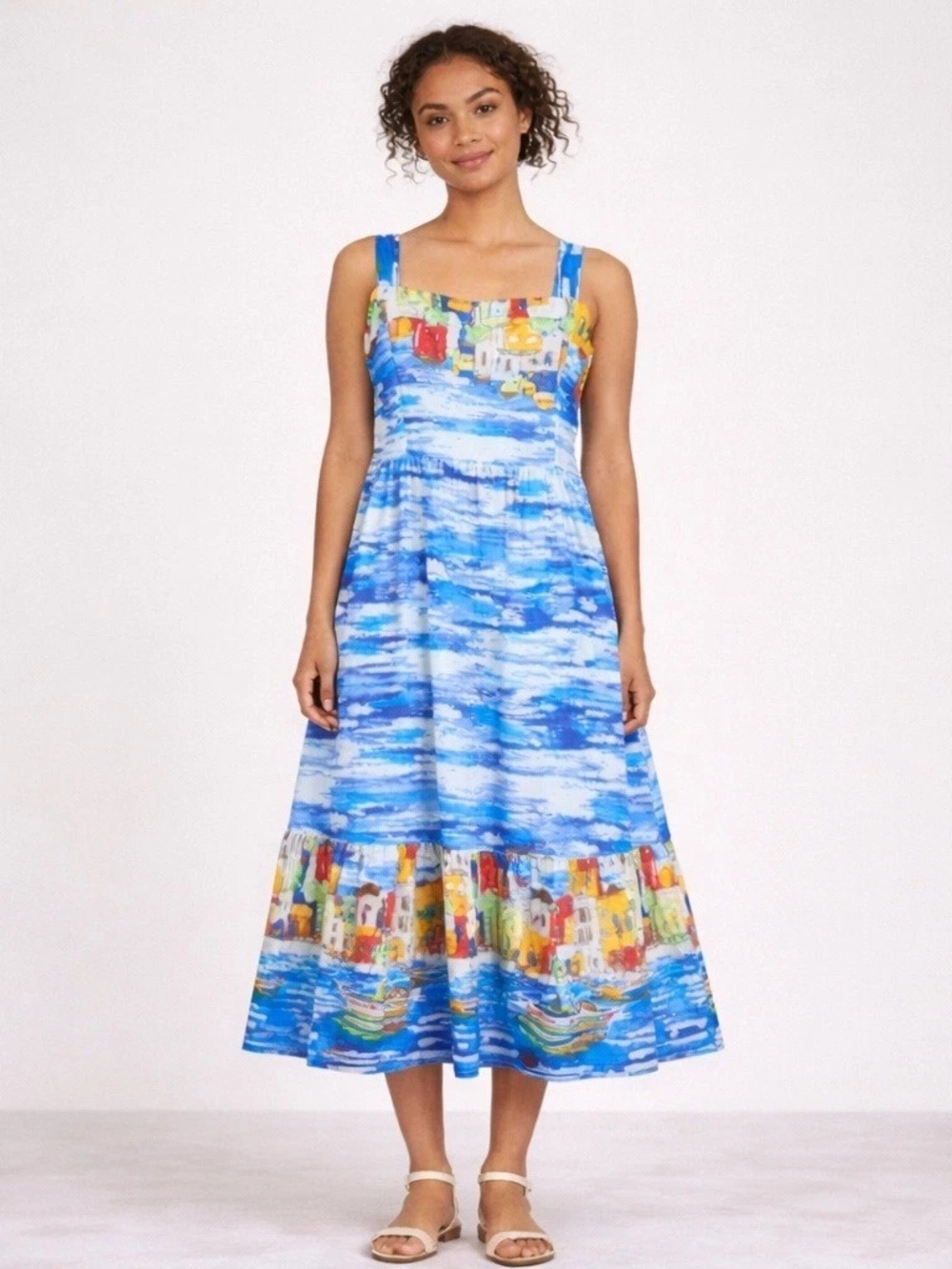Coastal Print Blue Midi Sundress with Village Border